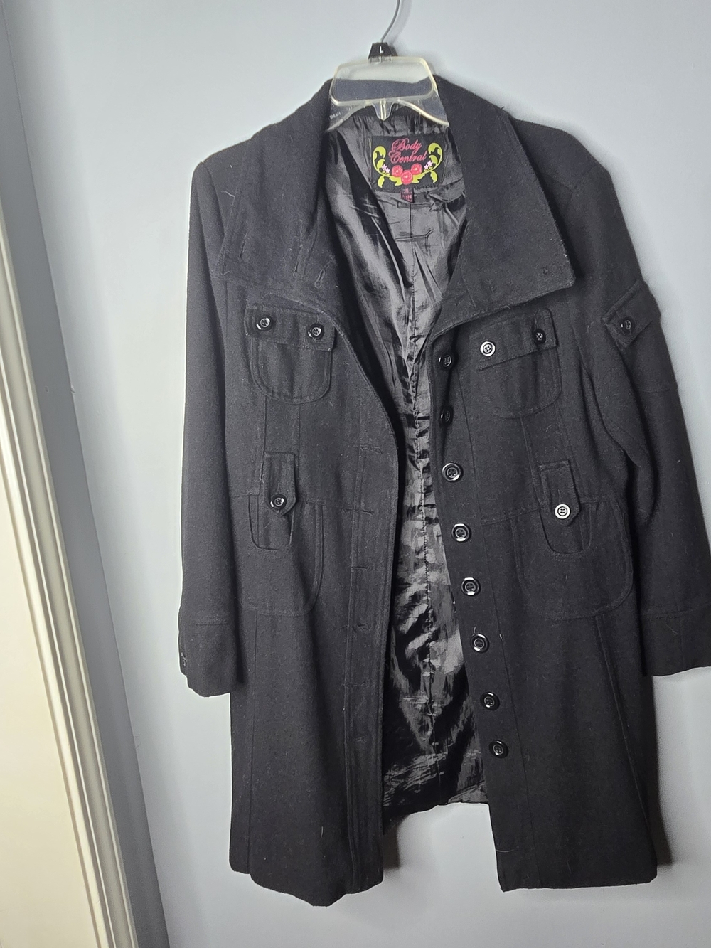 Body Central Black Wool Blend Military Utility Peacoat Jacket XL